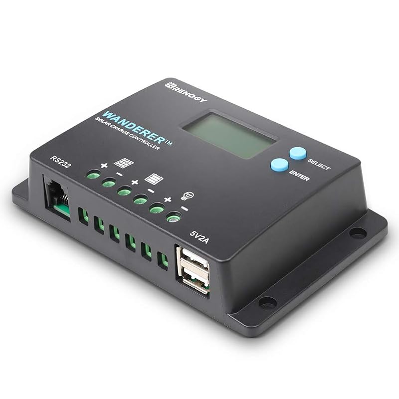Controlador de Carga Solar PWM Renogy Wanderer 10 A 12/24 V com LCD e USB para Baterias AGM, Gel, Inundadas e Lítio