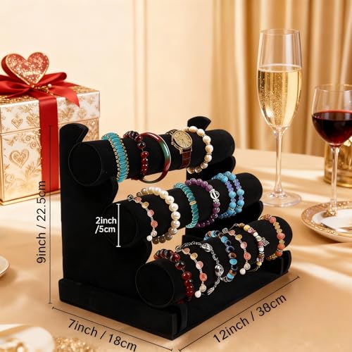 Image of Barelove Velvet Bracelet Holder with 3 Tier Rack, Black T-Bar Storage Organizer Detachable Display Stand for Necklace Watch Bangles Bracelets Scrunchies Organization Showcase