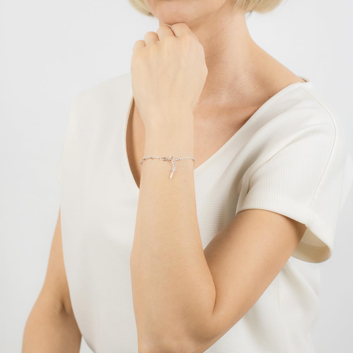 Bracciale da donna e uomo in argento 925 rosario con croce – bracciale in filigrana catena ad ancora 18 cm, gioiello religioso regalo per comunione