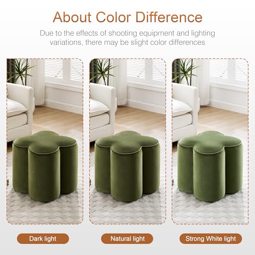 Zesthouse Flower Pouf Ottoman Foot Rest, Velvet Fabric Poofy Ottoman Footstool for Couch, Modern Living Room Stool Seat, Cute Square Vanity Stool for Bedroom Dorm, Green