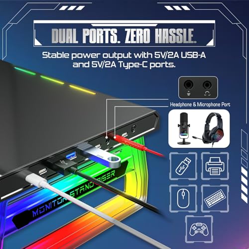 Image of CLAW Dock Pro T9 Monitor & Laptop Stand with 15W Wireless Charging, USB-C PD Input, Fast Charge USB-C & USB-A, Dual USB 3.0 Ports, Headphone /Mic Ports, 10 RGB Modes Metal Build, 30kg Load, Drawer for office, home and gaming use