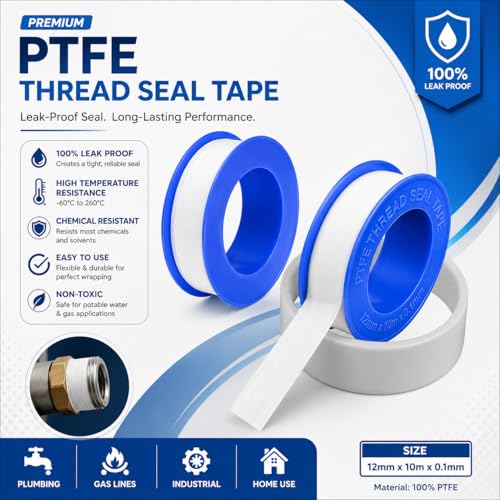 Image of D-fix Thread Seal Tapes Teflon Pipe Sealant Industrial Thread Sealants Plumbers for Leak Water Plumbing Air Head Pipe 12mm x 10Mtr (White, 10Pcs)