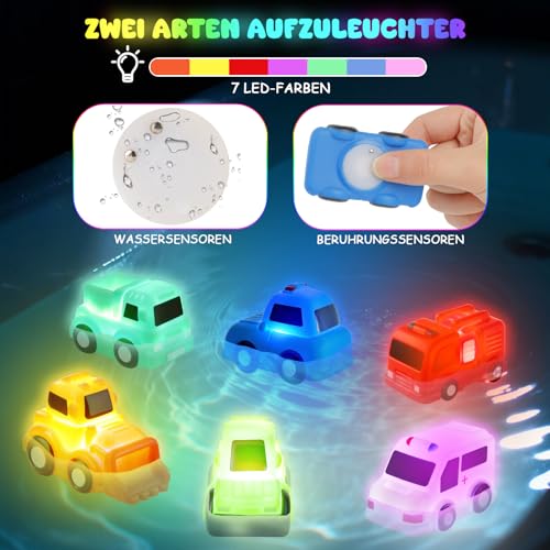 JoiTale Badewannenspielzeug, 6 Stück Autos Badespielzeug mit Licht, Ohne Löcher Badespielzeug Baby ab 1 2 3 Jahr, LED Badewannen Spielzeug Kinder, Leuchtet Wasserspielzeug Baby Sensorik Spielzeug