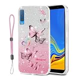 shengyue for Samsung Galaxy A7 (2018) Case with Lanyard,The Stars are Covered with a Glittering Butterfly Pattern for Samsung Galaxy A7 2018 Phone Case (Pink, Galaxy A7 (2018))