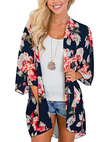 Women's Kimono Cardigan Floral Print Chiffon Beach Open Cover ups Casual Loose Tops Shawls (Deep Blue,M)