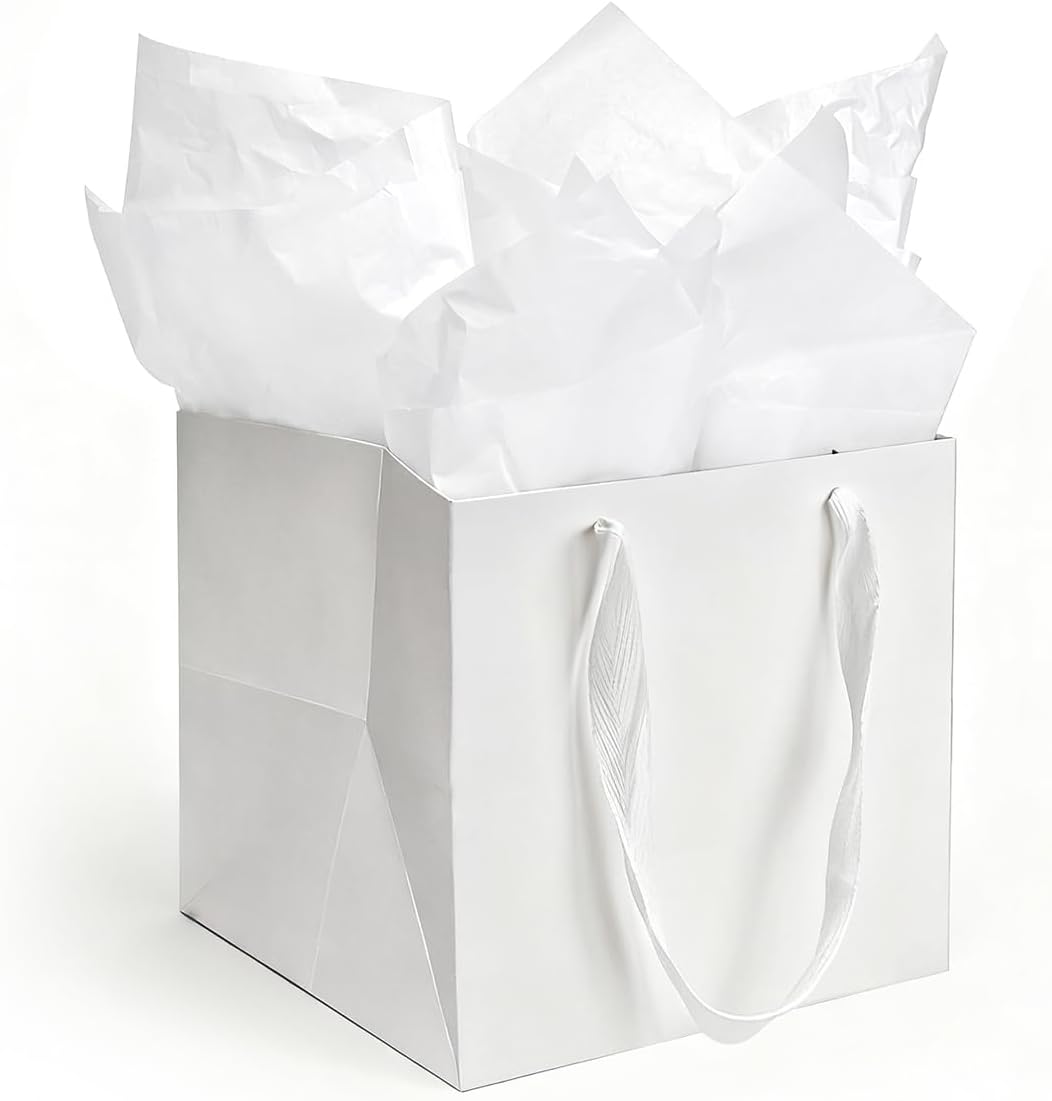 Papertide 24 Pack Square White Gift Bags 8x8x8 inch with Tissue Paper, Sturdy Paper Gift Bags for Cosmetics, Candles, Books, Birthday Gifts, Party Favors, Retail Packaging