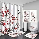 Dia Magico 4PCS Cherry Blossom Shower Curtain Set, Japanese Sakura Plum Blossom Red Flower Floral Branch Carp Koi Fish Asian Bathroom Decor, Waterproof Fabric White Shower Curtain, Non-Slip Bath Mat