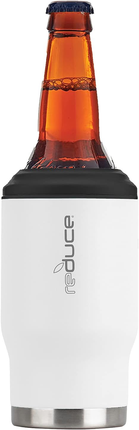 Reduce Can Cooler – 4-in-1 Stainless Steel Can Holder and Beer Bottle Holder, 4 Hours Cold – The Drink Cooler For 12 oz Slim Cans, Regular Cans, Bottles and Mixed Drinks – White, Powdercoat: Home & Kitchen