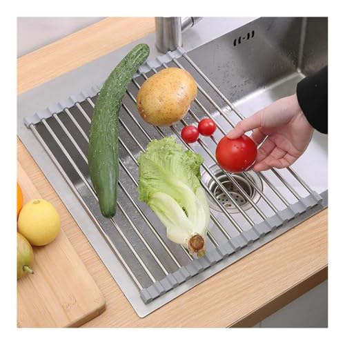 Escurreplatos plegable de acero inoxidable de 37 a 47 cm, revestimiento de silicona, antideslizante, escurridor multiusos (gris, 43 x 30 cm)
