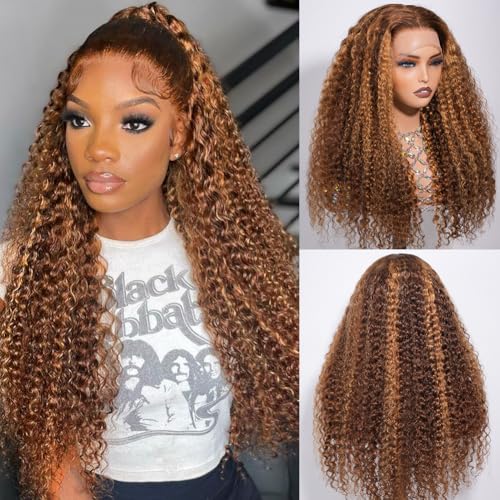 Image of CYNOSURE Honey Blonde Deep Wave Lace Front Wig Human Hair 13x4 Highlight Ombre Deep Curly Wig 4 /27 Colored HD Transparent Lace Front Wigs Pre Plucked with Baby Hair 180% Density 24 Inch