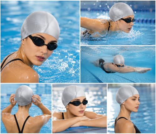 Image of MAJIK Silicone Swimming Cap for Men, Women and Kids Waterproof Swim Cap with Easy Fit Swimming Accessories (White-Grey Multi)
