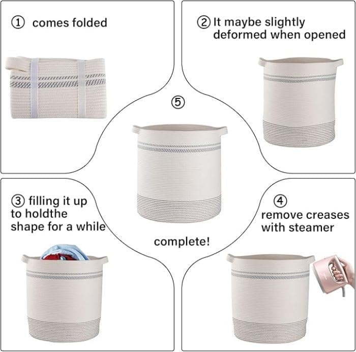 Image of Storage Rope Laundry Hamper Basket for Clothes, Towels and Blankets in Livingroom, Bedroom, Laundry Room and Basket for Nursery Storage (Size - 15 inch x 15 inch x 18 inch) (Grey White Mix)
