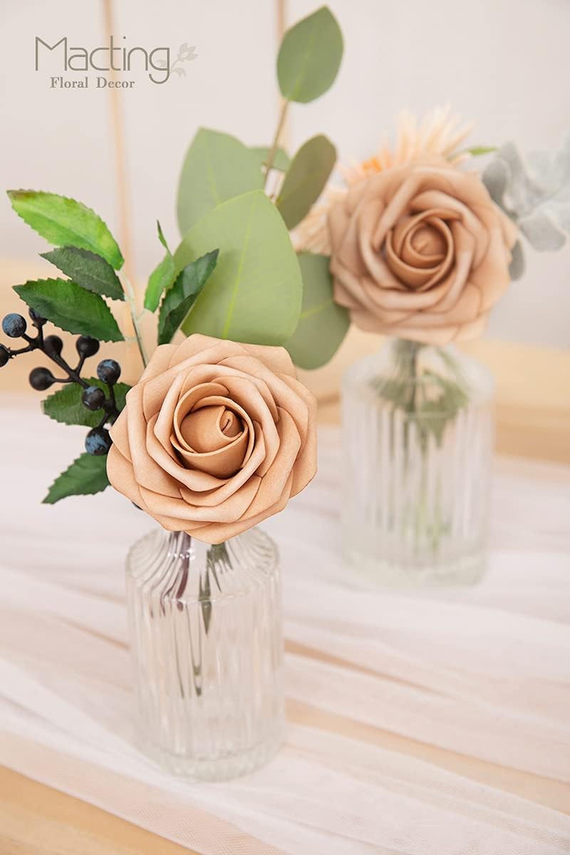 MACTING 30PCS Artificial Flower Roses Fake Flowers with Stem Foam Roses for DIY Wedding Bouquet Table Centerpieces Party Holiday Baby Shower Home Spring Valentines Day Decorations,Light Brown - Image 6