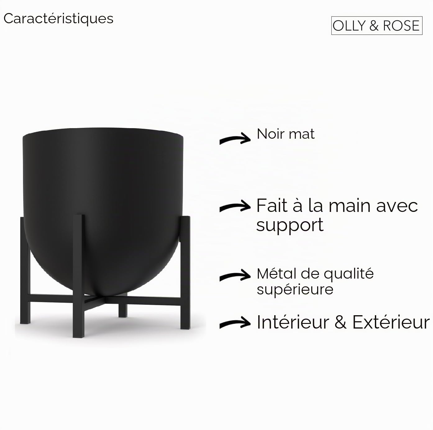Olly & Rose Pot de plante avec support pour plante - Pots de plante en métal d'intérieur Jardinière grand pot de fleurs (Noir, 22 cm)