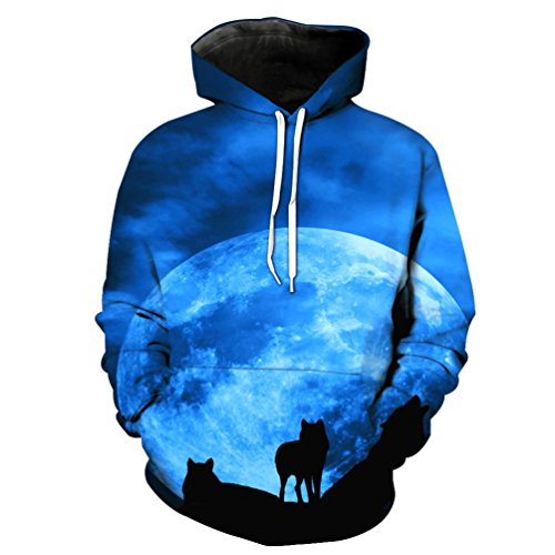 Lenfesh Sweats à capuche - Loup au Clair de Lune imprimé - Pull à Manches Longues Unisexe 3D (M, Bleu)