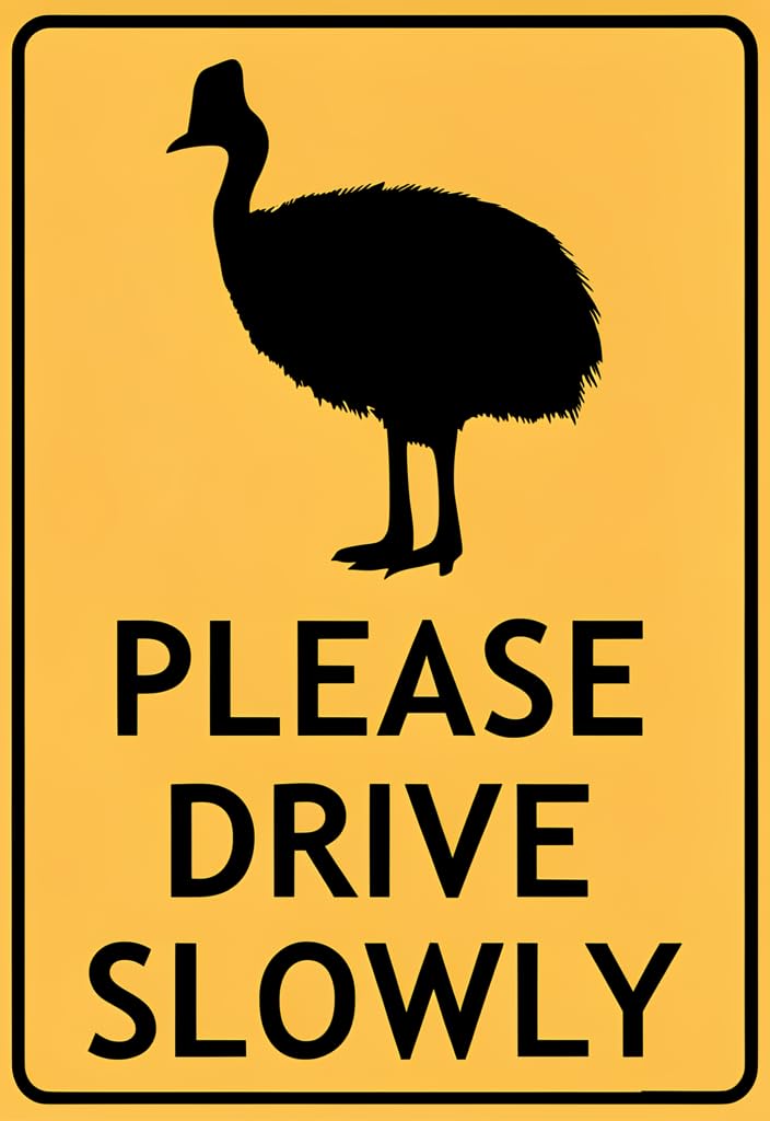 peiyeety Please Drive Slowly Tin Sign 12x8 Inch, Yellow Warning Road-Style Metal Wall Decor with Emu Bird Silhouette, Rustic Novelty Sign for Driveway, Garage, Farm, Porch, Gift Idea
