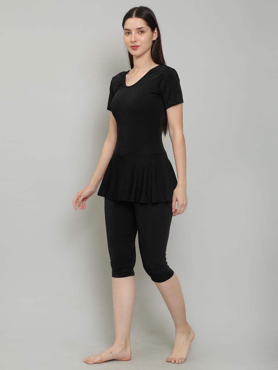 MEGASKA Women Knee Length Removable Chest Pads One Piece Frock Style Swimming Costume_Black_S 1