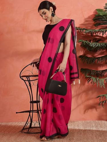 Image of Satrani Women's Linen Printed Saree with Unstitched Blouse Piece