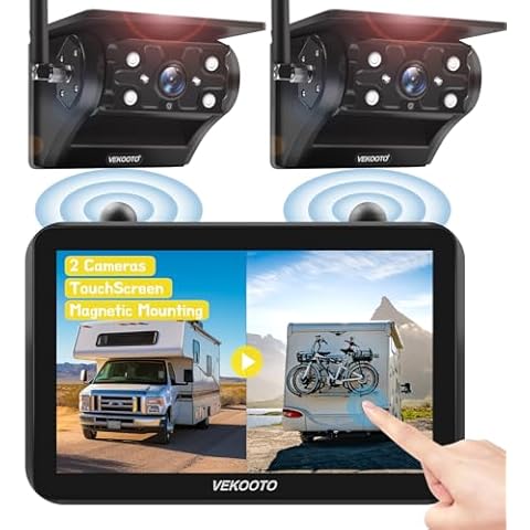 VEKOOTO Wireless RV Backup Camera System with 7'' IPS Touchscreen, Magnetic Mount, Solar Charging, Auto Sleep Mode, No Wiring, 1080P Wireless Backup Camera for Trucks, RV, Trailer, Camper VK7-2 Cover
