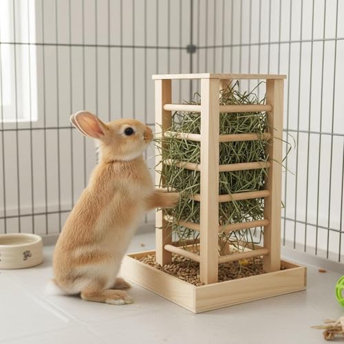 Comedero de madera para conejos y animales pequeños con soporte multifunción de pie 3