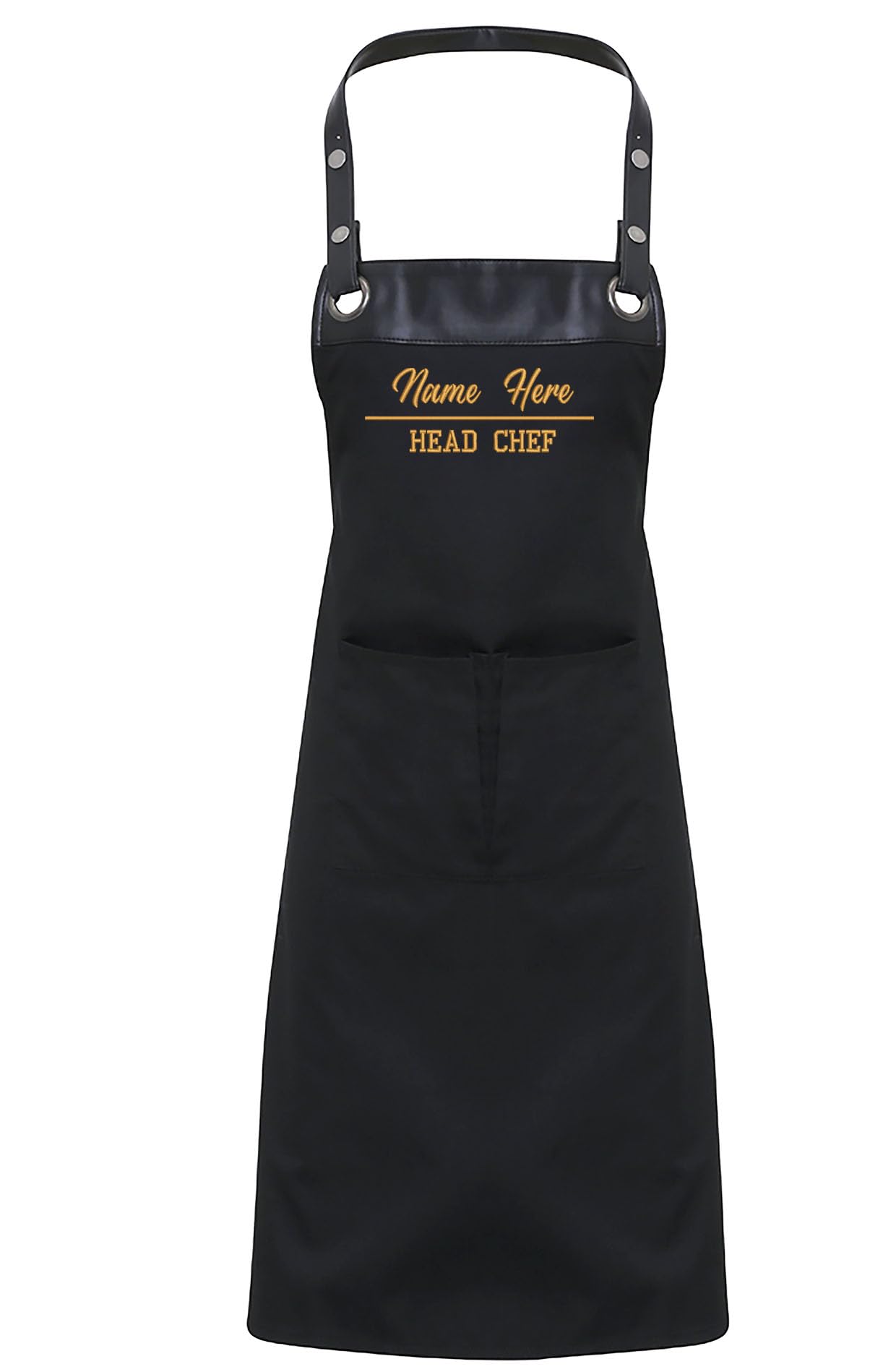 Stylish Faux leather trim Unisex Embroidered Apron Personalised Apron Cook, Baking, Apron With Pockets Head Chef Apron (Black Black)