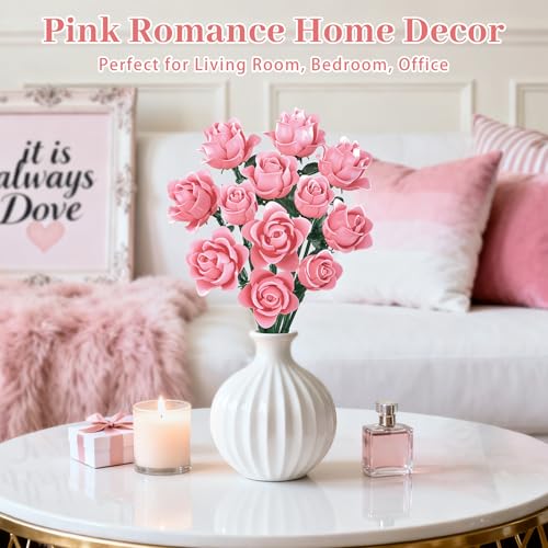 Image of Pink Roses Flower Bouquet Building Set, Artificial Flowers Botanical Collection Compatible with Lego Flowers for Adults Christmas Anniversary Valentines Day Gifts