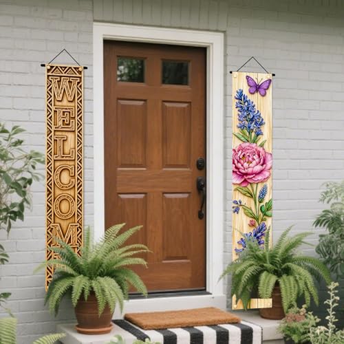 Image of Nuxovilar Welcome Peony Butterfly Porch Banners 12x70 Inches Polyester | Spring Porch Sign, Hanging Decor Floral welcome Banner, Peony Wreath Accent Garden, Porch, Patio (Welcome Peony)
