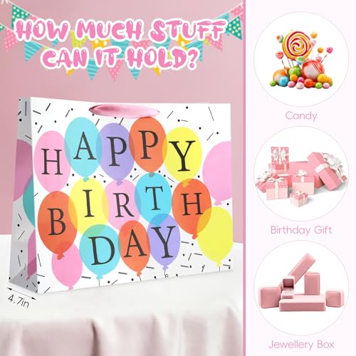 Image of JMANNI Large Happy Birthday Gift Bag with Tissue Papers and Greeting Card,Portable Paper Gift Bags with Handles,Present Bags for Women Birthday Party Supplies 13 inch x10.2 inchx4.7 inch(Coloured Balloon)