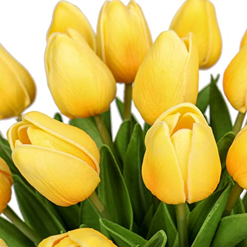 Image of 24 Pcs Yellow Tulips Artificial Flowers Real Touch Fake Tulips Fake Flowers for Mother's Day 13.5 inch Faux Tulips Faux Flowers Bulk Artificial Tulips Flowers for Vase Centerpieces Home Wedding Bouquet