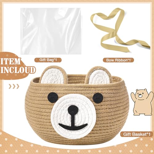Image of Zopeal Bear Basket Baby Gift Basket for Nursery with Gift Bags and Ribbons, Cotton Rope Woven Organizer for Baby Shower, Living Room Bathroom Decor,10.5 inch D x 8.5 inch H(Khaki)