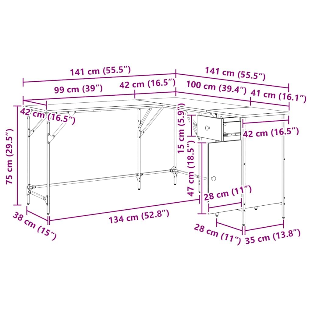Scrivania angolare per computer in legno Sonoma, con telaio in metallo, 141 x 141 x 75 cm, a forma di L, con vano portaoggetti, gambe regolabili in altezza, salvaspazio, per ufficio e casa