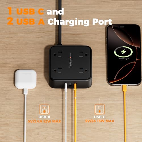 Image of TESSAN Surge Protector Power Strip, 10 Ft Flat Plug Extension Cord with 3 USB (1 USB C) 8 Outlets, 1250W, 900J Protection, 3 Sided Outlet Extender with Power Switch for Office, Dorm Room, Black