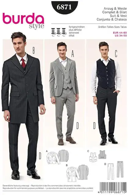 Burda Pattern 6871 Men's Suit & Cardigan - Gilet Patroon Sizes 44-60