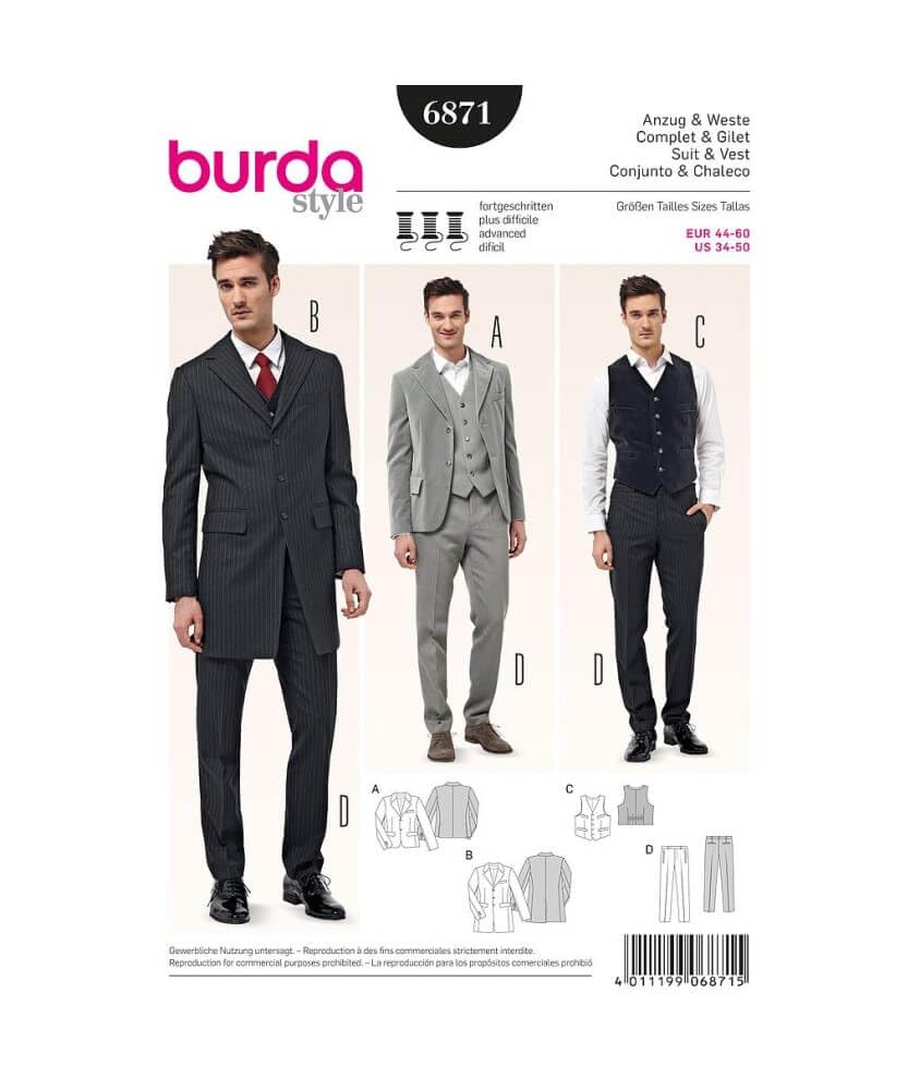 Burda Style Sewing Pattern B6871 Men's Waistcoats