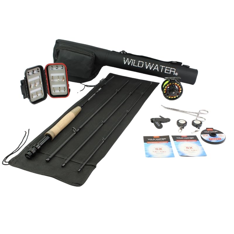Deluxe Fly Fishing Combo Starter Kit, 7-Foot Pole, 4-Piece Fly Rod Kit, 3/4 Weight, Fishing Accessories, Includes Die cast Aluminum Reel and Hard Tube Case with Pouch, Fly Box and Flies