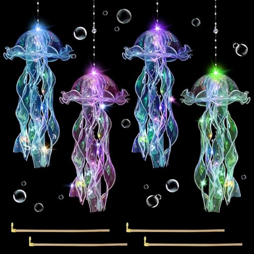 Hojalis Luz de medusa, 4 faroles colgantes de medusas, lámpara creativa en forma de medusa, lámpara decorativa de ambiente brillante para fiesta temática del océano, patio, paisaje, jardín, adornos (4