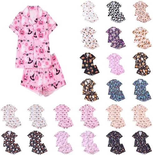 Halloween Pajama Sets for Women 2 Piece Ghost Pumpkin Print Short Sleeve Button Down Shirts and Shorts Sleepwear