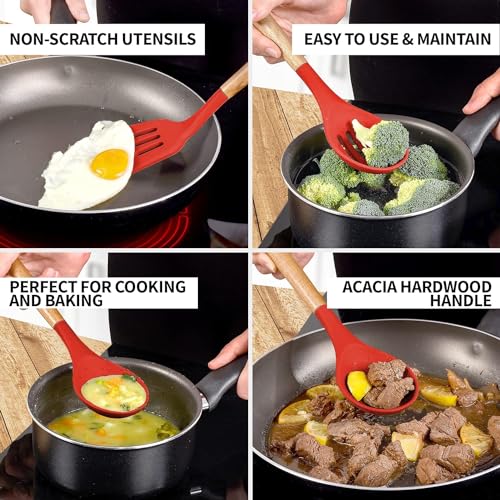 Image of Non-Stick Silicone Cooking Utensils Set, 5 Pcs With Wooden Handle, Heat Resistant Silicone Kitchen Gadgets (Red, 5)