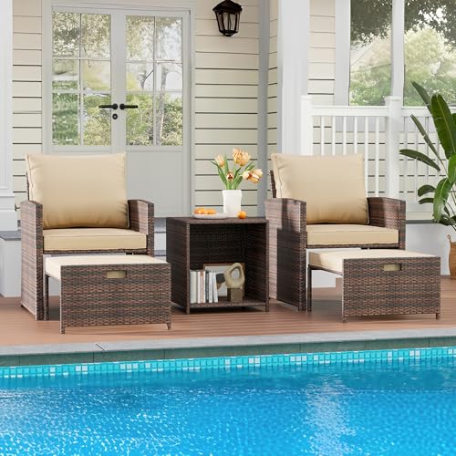Tioutbot Patio Conversation Set, 5 Pieces Outdoor Lounge Chairs with Ottoman, Soft Cushions & Side Table, Wicker Balcony Furniture Set, Patio Rattan Chairs Furniture for Porch, Lawn, Garden