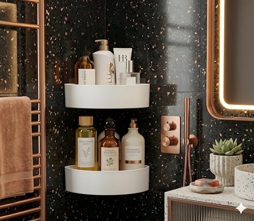 Image of Bathroom and Kitchen Storage Shelf Wall Mounted Utility Rack White Plastic Classic Style Self-Adhesive Installation (Pack of 4)