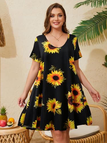Image of ZENNILO Women's Plus Size Swing Dress with Pockets Casual Summer Dresses V Neck Short Sleeve T Shirt Dress for Women
