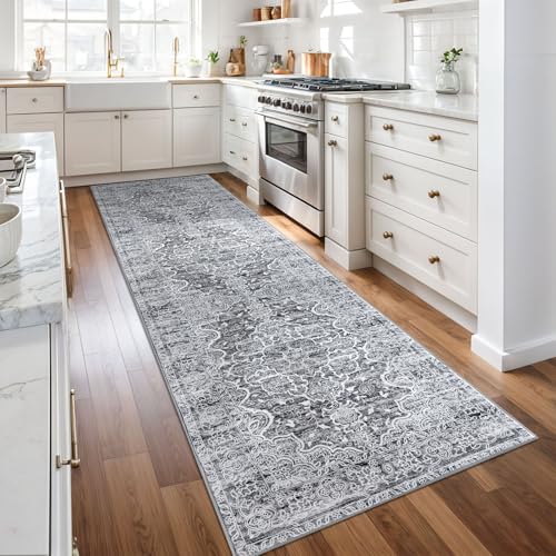 KUTA Vintage Washable Rug Runners 3x10, Grey White Non-Slip Kitchen Hallway Long Rugs 10ft with Rubber Backing, Printed Modern Soft Carpet for Entryway Indoor Dining Room