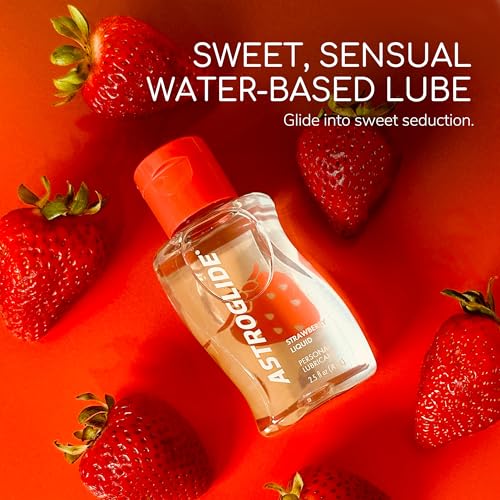 Image of ASTROGLIDE Strawberry Flavored Edible Lubricant, 2.5 Fl Oz, Travel Size | Strawberry flavored water-based travel lube. Sweet taste and aroma, silky smooth glide, easy cleanup, condom compatible.