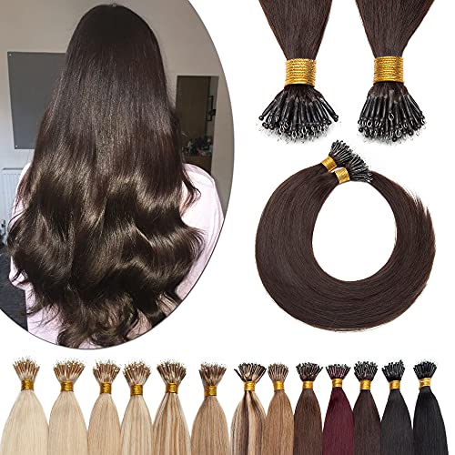 SEGO Nano Ring Hair Extensions Human Hair Balayage Nano Beads Pre-bonded Seamless Hairpieces Loop Hand Tied Nano Tip Remy Hair Highlight Hair for Women 1g/strand 50g/pack -24 Inch -2 Dark Brown