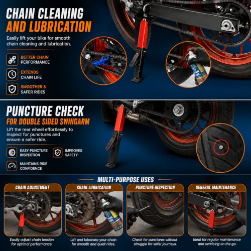 Image of Moto Jack for Bike Adjustable, Bike Stand for Chain Cleaning & Lubrication, Heavy Duty Motorcycle Wheel Roller & Paddock Stand Jack, Portable Puncture Repair Lifter, Motorcycles Upto 400kg