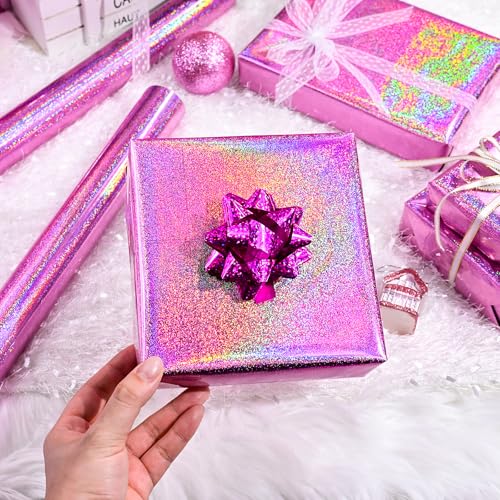 Burymento Pink Wrapping Paper Roll, Metallic Holographic Point Gift Wrap for Birthday, Valentines, Mothers day, Graduation, Wedding, Fathers day, Baby Shower, Christmas (17 IN x 32.8 FT)