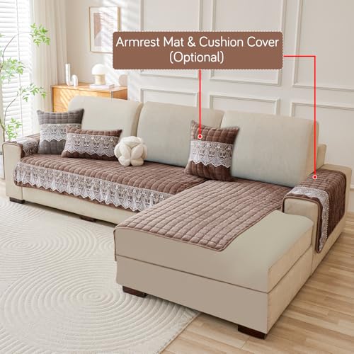 Image of HOKIPO Bellelace Velvet Sofa Cover L Shape 5 Seater Mat, 3+2, Mocha Brown