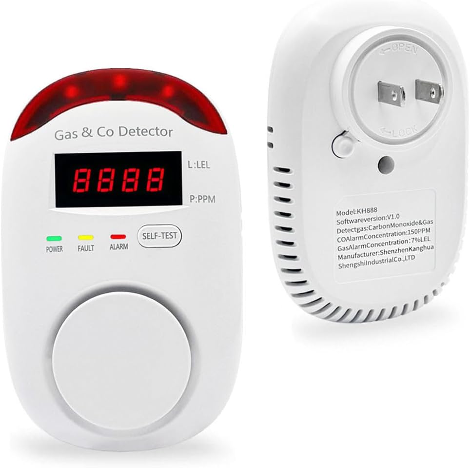 Combination Gas & Carbon Monoxide Detectors, Plug in Carbon Monoxide and Natural Gas Detector for Home, 2 in 1 CO Detector & Combustible Gas Detector with Light & Voice Warning(1 Pack)