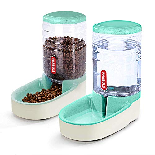 PHABULS Automatic Pet Water Dispenser Automatic Cat Feeder Gravity Dog Feeder 1 Gallon Double Bowl Design for Small and…