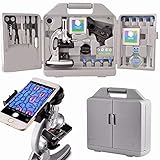 Moutec Ensemble de Microscope éducatif pour Enfants, grossissements 300x600x 1200x, Comprend 70pcs + Accessoires et étui de Rangement pour téléphone Portable avec Adaptateur